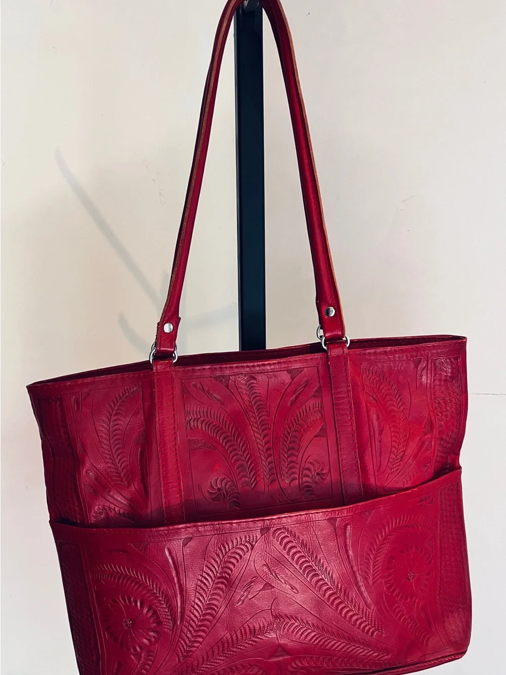 Vintage Red Embossed Leather Shoulder Tote